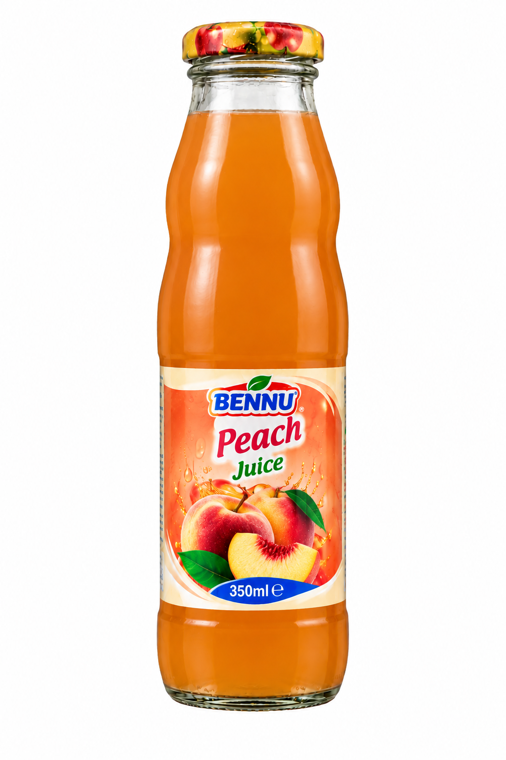 BENNU Peach Juice 350ml single glass bottle with peach-coloured label, orange peach juice and peach fruit illustrations on a plain white background.