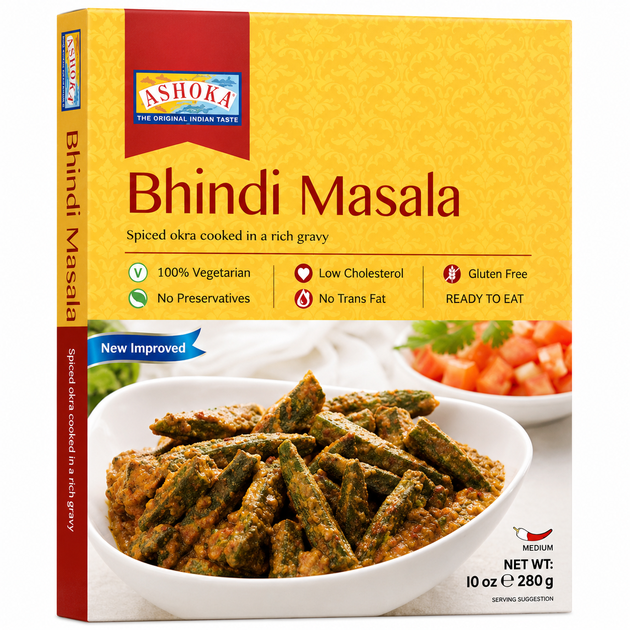 A box of Ashoka Bhindi Masala medium spice blend, featuring a bright yellow and red packaging design with a photo of cooked okra in a bowl.