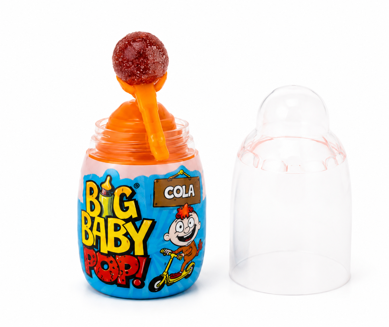 Big Baby Pop Cola flavour lollipop candy with the lollipop removed from the container and clear protective cap beside it.