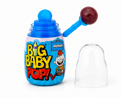 Big Baby Pop Raspberry flavour lollipop candy with the lollipop removed from the container and clear protective cap beside it.