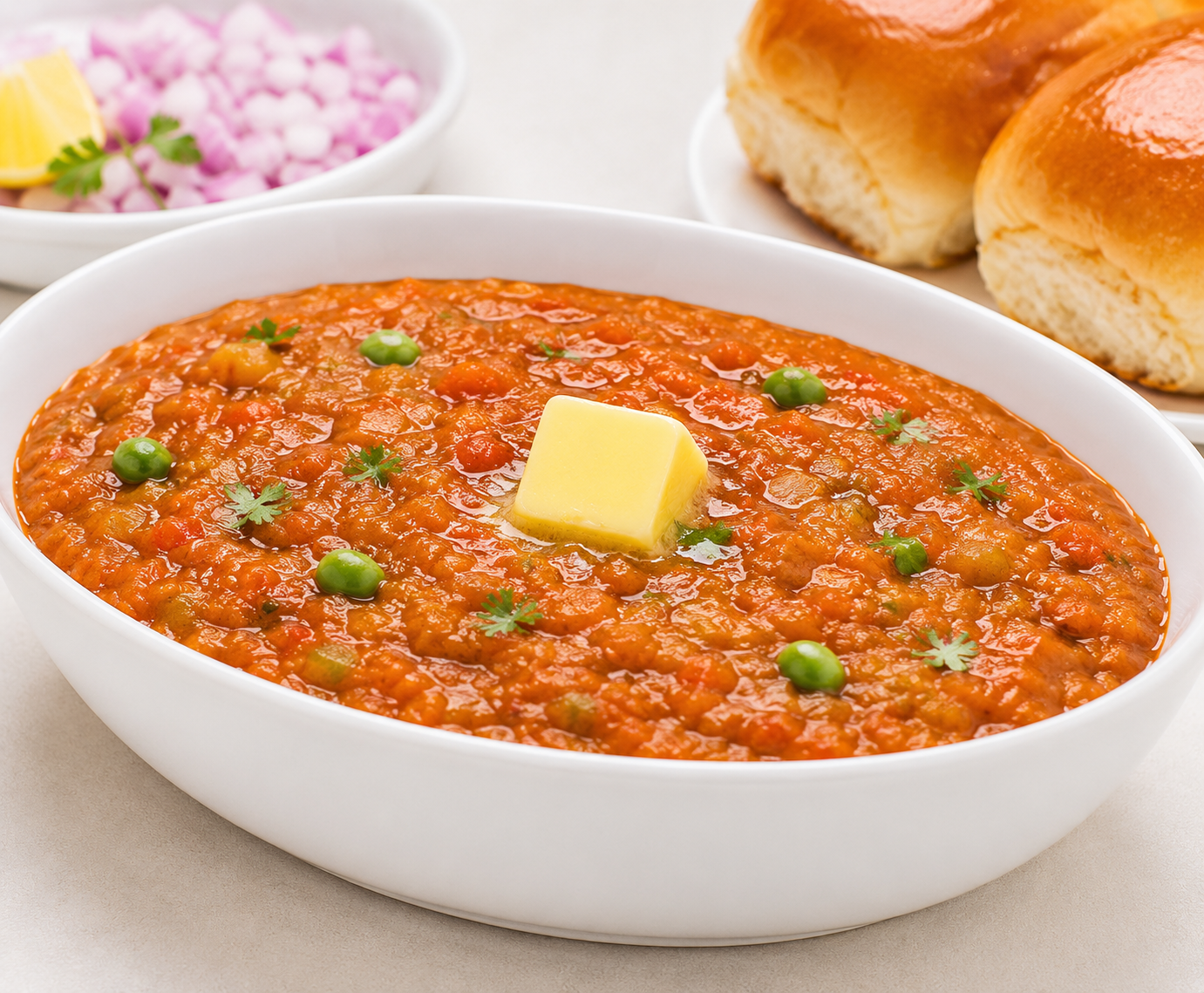 A white oval bowl filled with a thick orange-red curry or chutney, topped with a square of butter and small green herb pieces, with blurred bread rolls and a small bowl of chopped red onion in the background.
