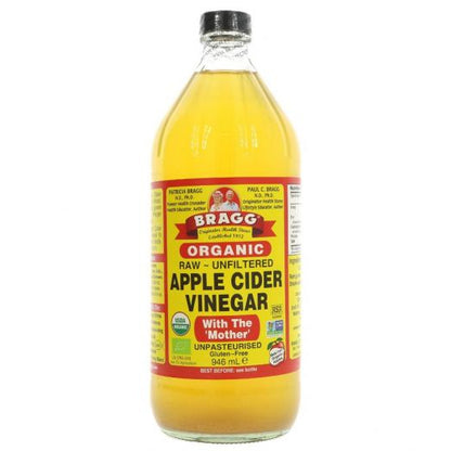 Bragg Organic Raw Unfiltered Apple Cider Vinegar with The Mother 946ml front packaging featuring USDA Organic certified apple cider vinegar for everyday wellness and cooking.