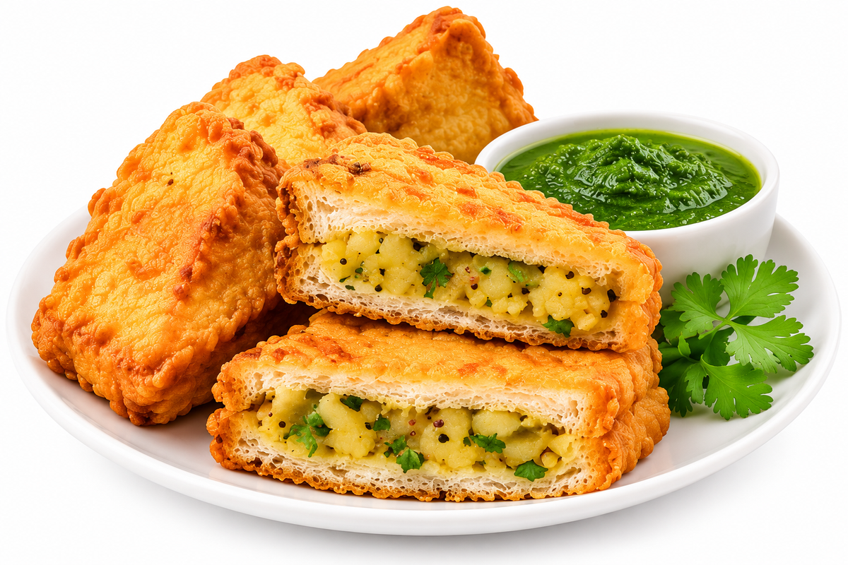 Golden crispy Indian bread pakoda with spiced potato filling, served on a white plate with green chutney and fresh coriander on a white background