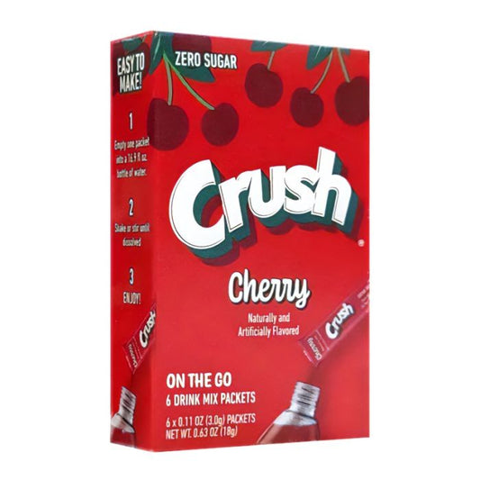 Six-pack of Crush Singles To Go Cherry powdered drink mix, 0.63 oz each, portable and convenient