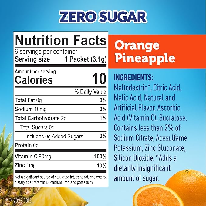 Brightly colored Dole Singles To Go Peach Mango packet, 18.6 g, easy-to-mix tropical drink mix.