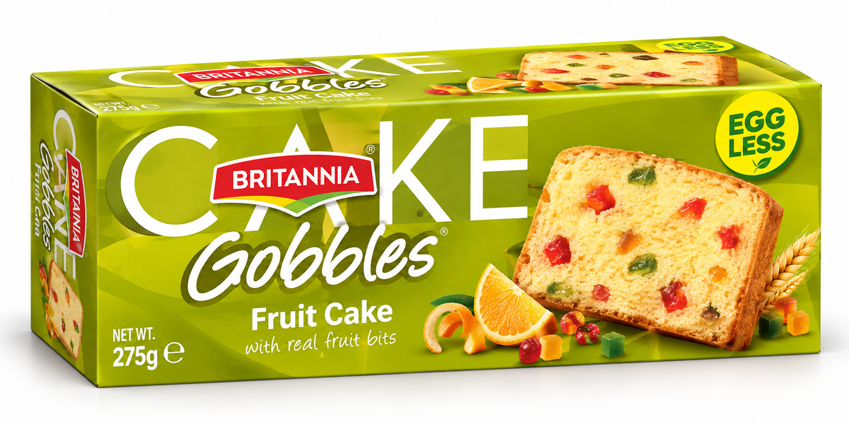 Britannia Cake Gobbles Eggless Fruit Cake 275g pack featuring a golden sponge cake slice with colourful candied fruit pieces in bright green packaging.