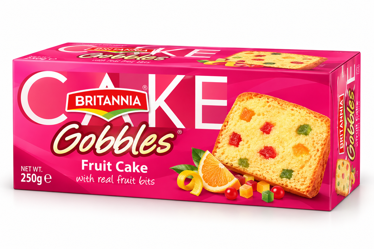 Britannia Gobbles Fruit Cake 250g pack featuring a soft golden sponge cake with colourful candied fruit pieces, citrus slices, and cherries in bright pink packaging.
