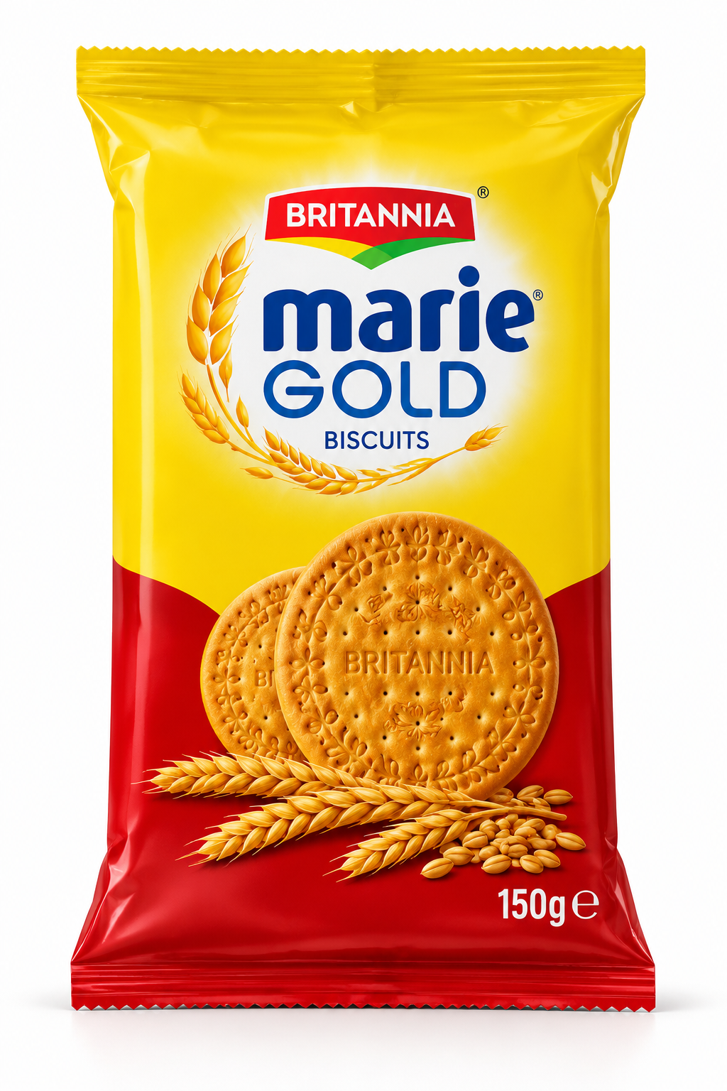 Britannia Marie Gold Biscuits 150g pack featuring golden, crispy round tea biscuits with wheat stalk imagery in yellow and red packaging.