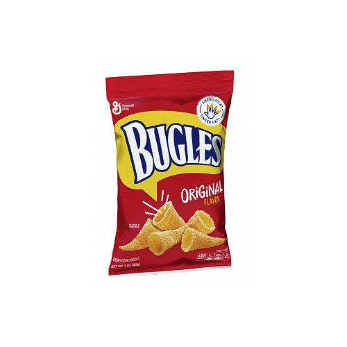 Front view of Bugles Original 6 × 85 g multipack showing cone-shaped crispy corn snacks.