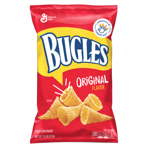 A 7.5oz (212g) bag of Bugles Original Chips, offering a crispy, crunchy texture in every cone-shaped bite, perfect for snacking or dipping.