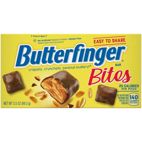 Butterfinger Unwrapped Minis chocolate peanut butter snack box 79g close‑up texture