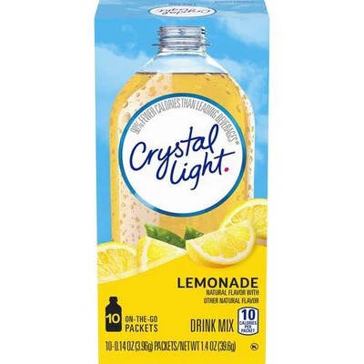 Crystal Light Natural Lemonade sugar-free powdered drink mix sticks for portable hydration.