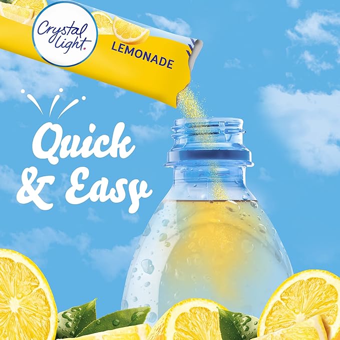 Portable Crystal Light Natural Lemonade drink mix packets for quick and refreshing lemon flavor.