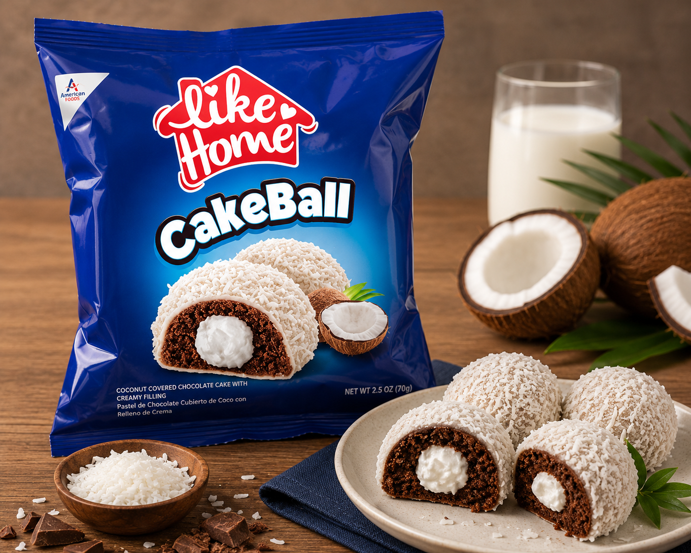A bag of Like Home CakeBall chocolate-covered cake rolls with creamy filling, shown on a wooden table with coconut halves, a glass of milk, and plated cake balls.