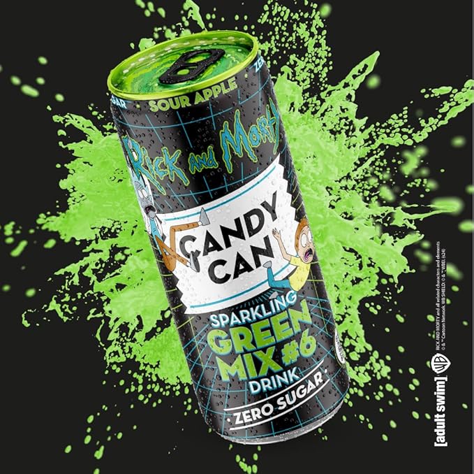 Rick & Morty Themed Sour Apple Soda – Candy Can Sparkling Drink (Sugar-Free)