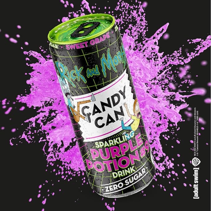 Rick & Morty themed Purple Potion sparkling soda sugar-free grape flavour