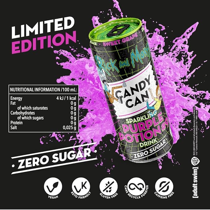 Rick & Morty themed Purple Potion sparkling soda sugar-free grape flavour