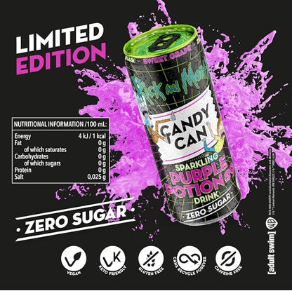 Rick & Morty themed Purple Potion sparkling soda sugar-free grape flavour