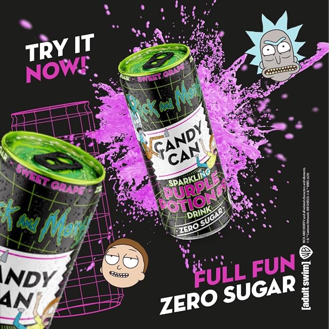 Rick & Morty themed Purple Potion sparkling soda sugar-free grape flavour