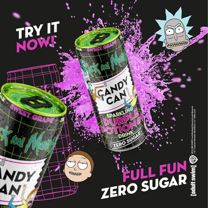 Rick & Morty themed Purple Potion sparkling soda sugar-free grape flavour