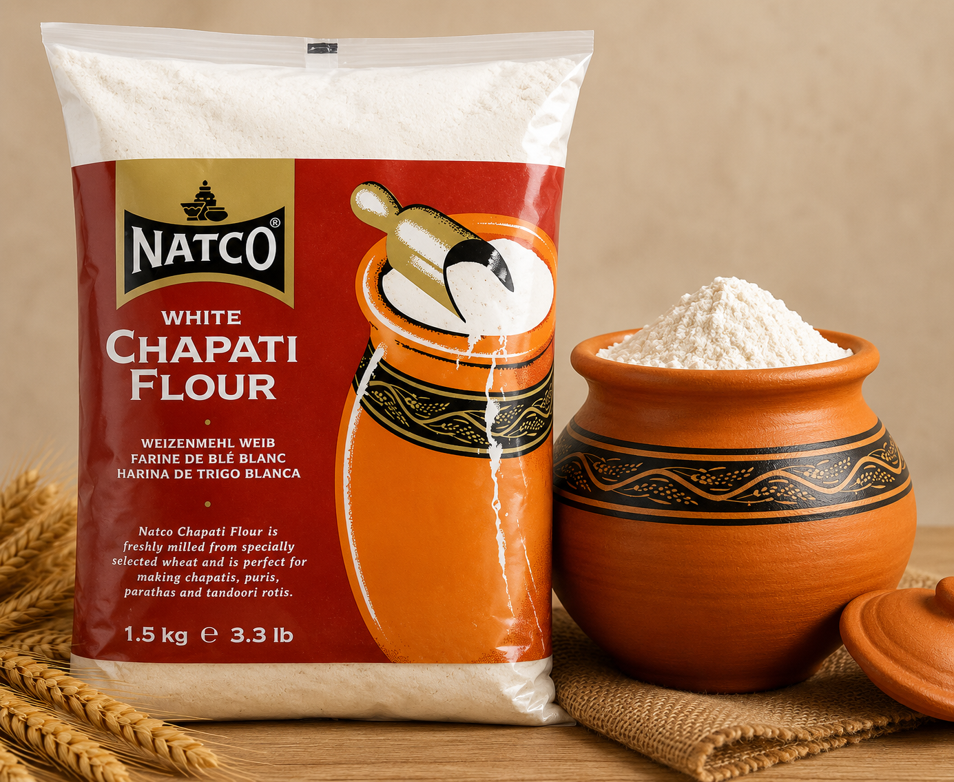 A 1.5 kg bag of Natco White Chapati Flour displayed next to a terracotta clay pot filled with flour and a small wheat stalk on a rustic wooden surface.