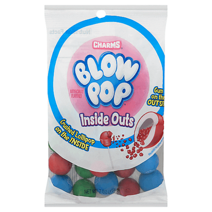 Charms Blow Pop Inside Outs Gumballs in assorted colors, showing the candy shell and bubble gum center.