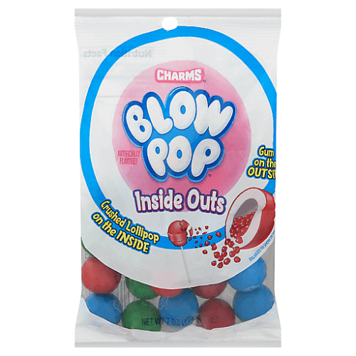 Charms Blow Pop Inside Outs Gumballs in assorted colors, showing the candy shell and bubble gum center.