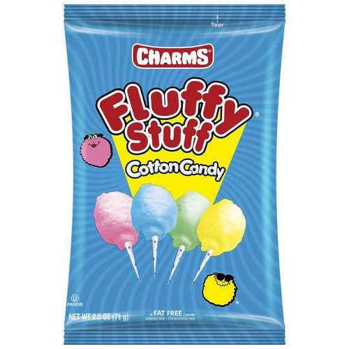 Charms Fluffy Stuff Cotton Candy strawberry lemon raspberry lime assorted flavours UK shelf.