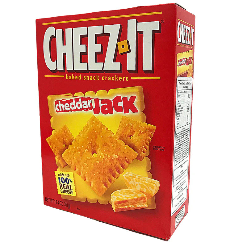 Cheez-It Cheddar Jack crackers box with baked cheese crackers