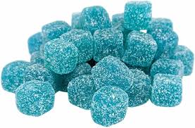 Chewy sour blue raspberry candy cubes by Warheads in 85g box for parties and snacking