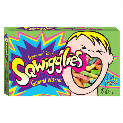Sour candy worms in various fruity flavors, coated with sugar crystals.