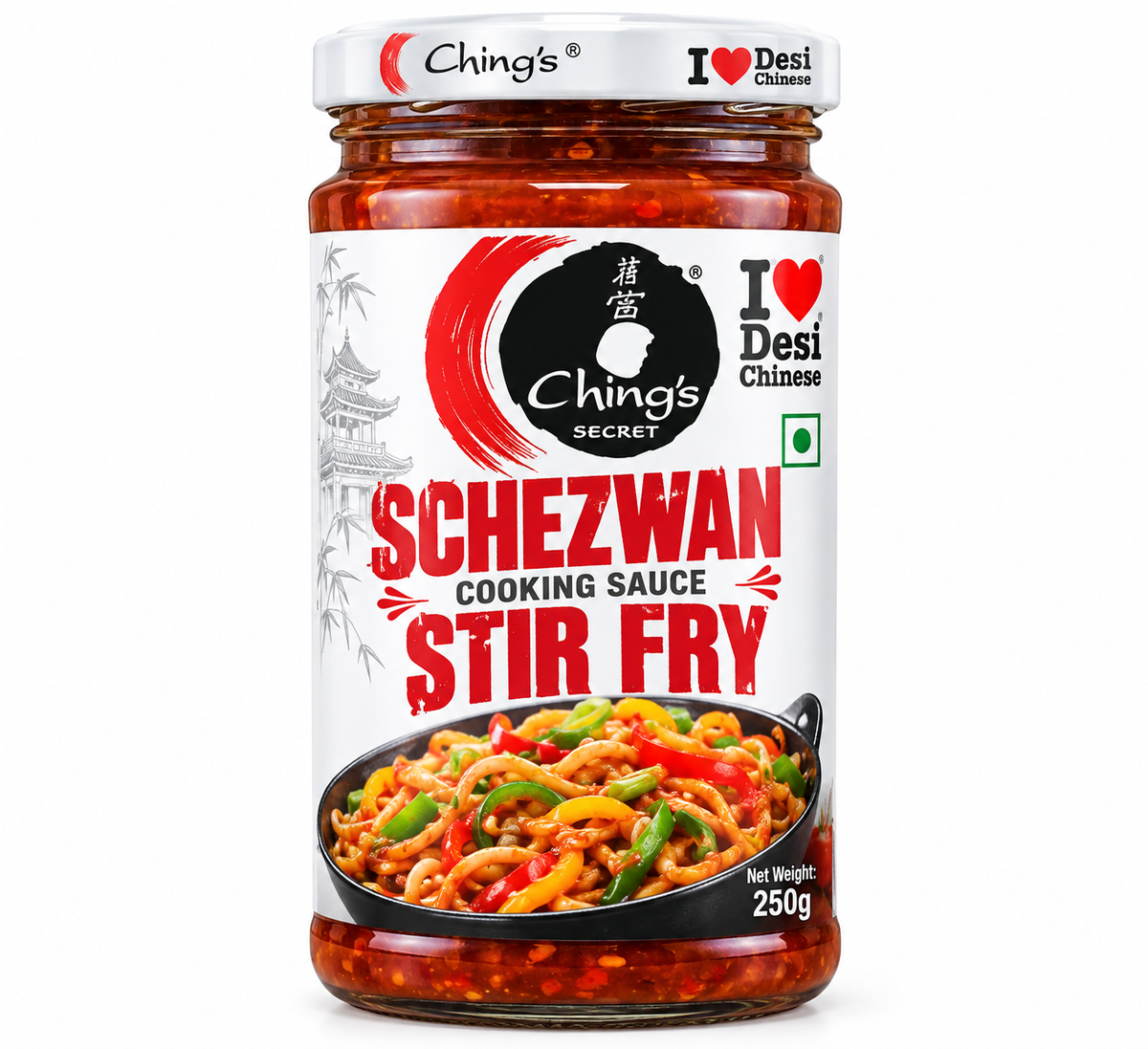 Ching’s Secret Schezwan Stir Fry Cooking Sauce 250g glass jar with a white lid and red, black and white label, featuring a colourful stir-fried noodle and vegetable dish.