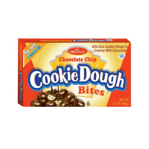 A box of Cookie Dough Bites Choc Chip, featuring chewy cookie dough mixed with semi-sweet chocolate chips, ready to eat in convenient, bite-sized pieces.
