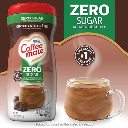 Non-dairy, sugar-free Coffee-Mate Chocolate Crème powdered creamer on white background