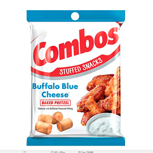 Package of Combos Stuffed Buffalo Blue Cheese Crackers showing crunchy baked pretzel bites filled with spicy buffalo and creamy blue cheese filling.