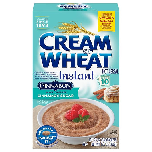 Cream of Wheat Instant Cinnabon Hot Cereal of 340 g , smooth creamy porridge with cinnamon-sugar flavor, fortified with vitamins and minerals