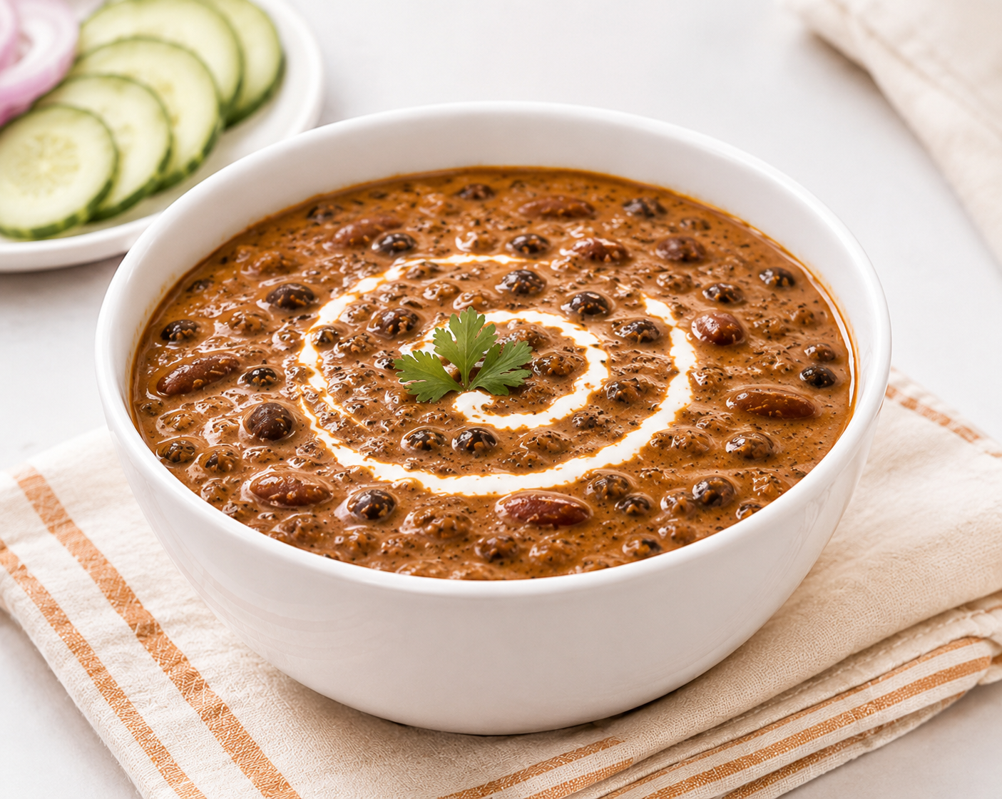 Creamy Ashoka Dal Makhani served in a white bowl on a white table, garnished with fresh cream and coriander for an authentic Indian meal.