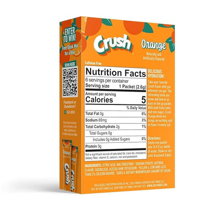 Six-pack of Crush Singles To Go Orange powdered drink mix, 0.54 oz each, portable and convenient