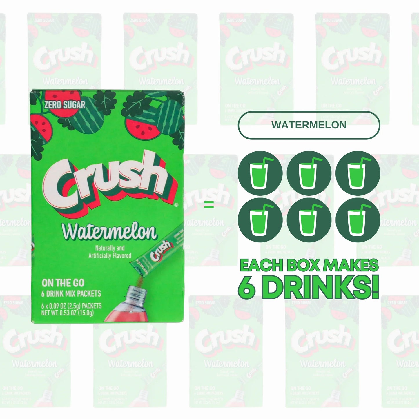 Six-pack of Crush Singles To Go Watermelon powdered drink mix, 0.53 oz each, portable and convenient.