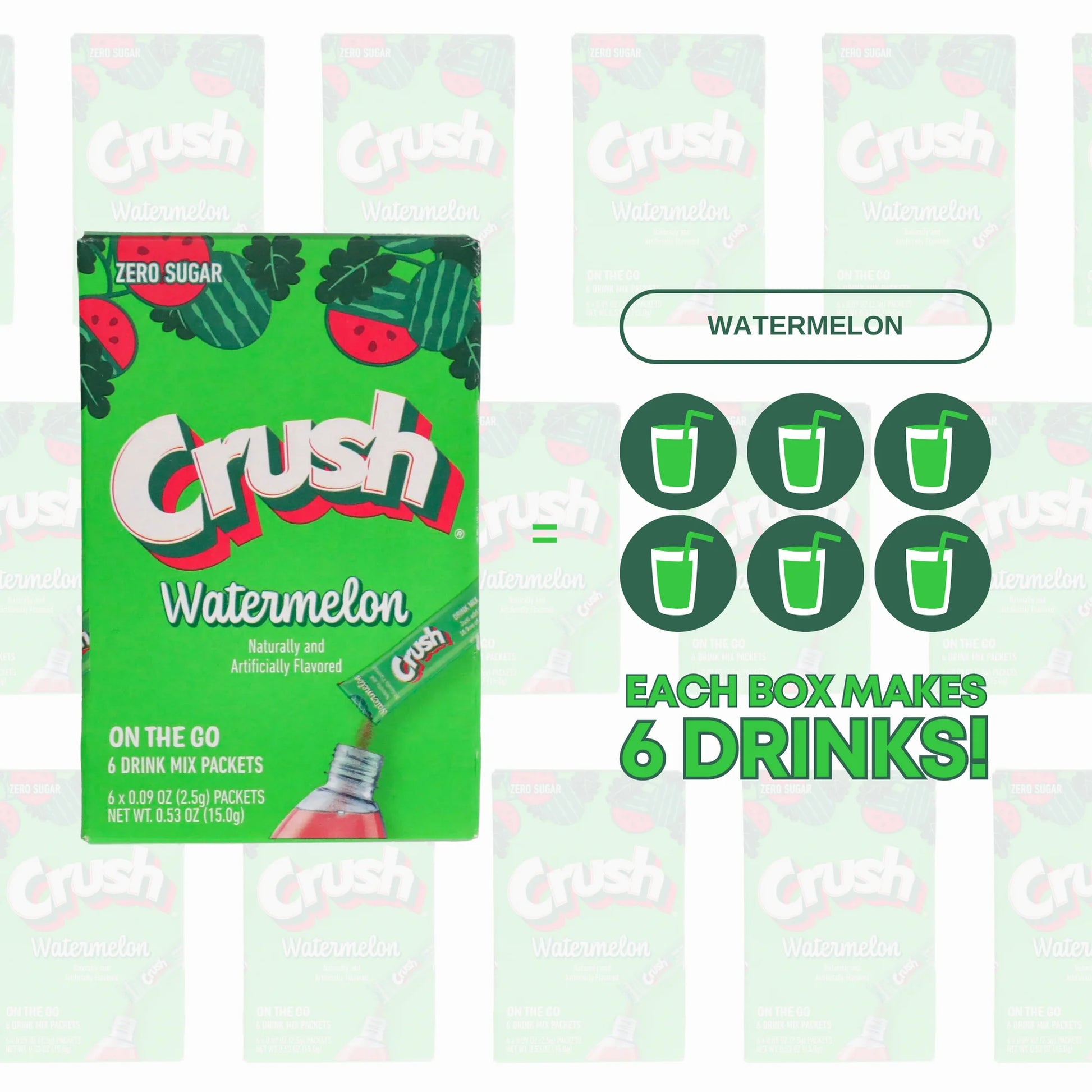 Six-pack of Crush Singles To Go Watermelon powdered drink mix, 0.53 oz each, portable and convenient.