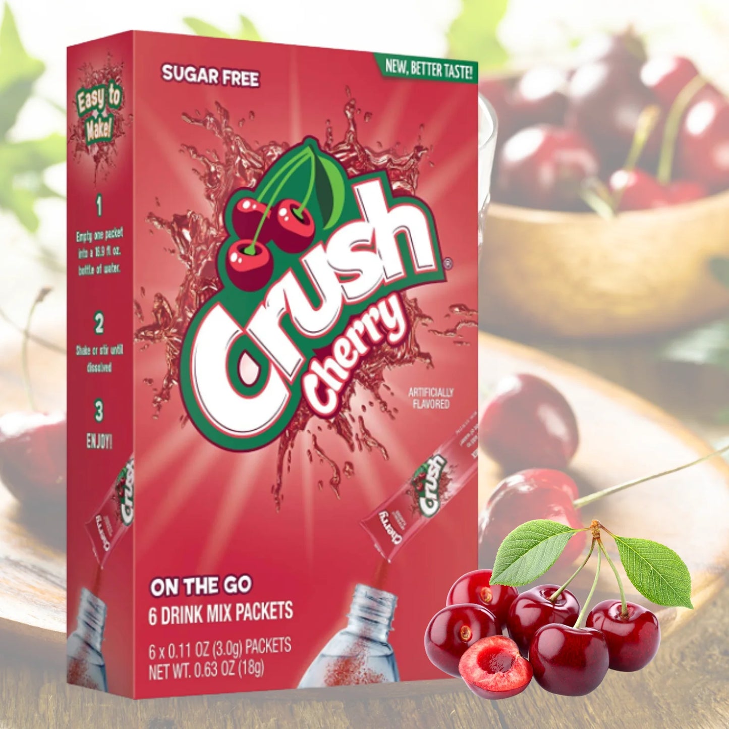 Brightly colored Crush Singles To Go Cherry ,0.63 oz packets, easy-to-mix cherry drink mix.