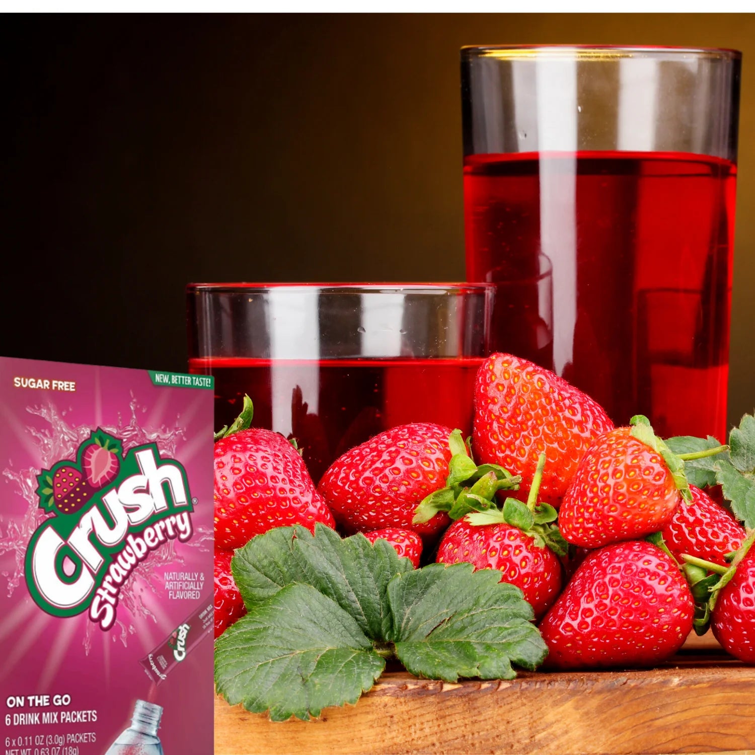 Six-pack of Crush Singles To Go Strawberry powdered drink mix, 0.63 oz each, convenient and portable.