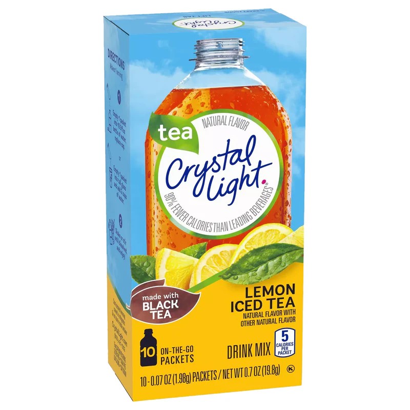Box of Crystal Light On-The-Go Lemon Iced Tea with 12 individual powder packets.