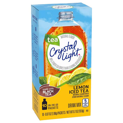 Box of Crystal Light On-The-Go Lemon Iced Tea with 12 individual powder packets.