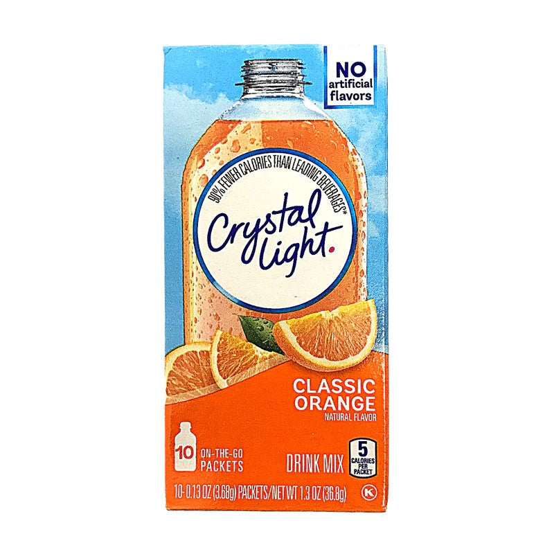 Crystal Light Classic Orange sugar-free powdered drink mix sticks for portable hydration.