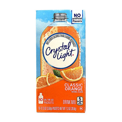 Crystal Light Classic Orange sugar-free powdered drink mix sticks for portable hydration.