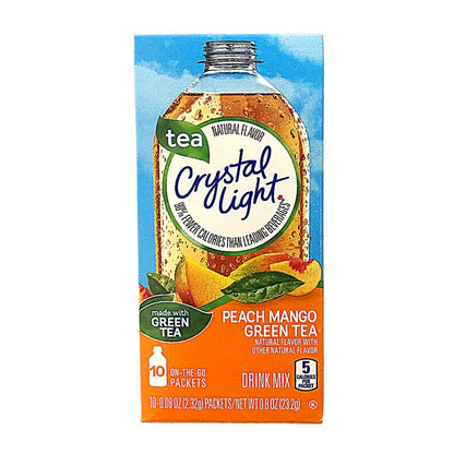 Crystal Light Peach Mango Green Tea sugar-free drink mix packets in orange and green packaging.