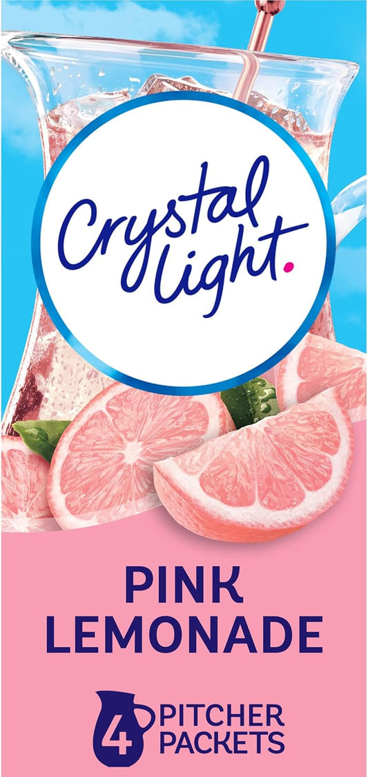 Crystal Light Pink Lemonade pitcher packets with pink lemon slices on a blue background