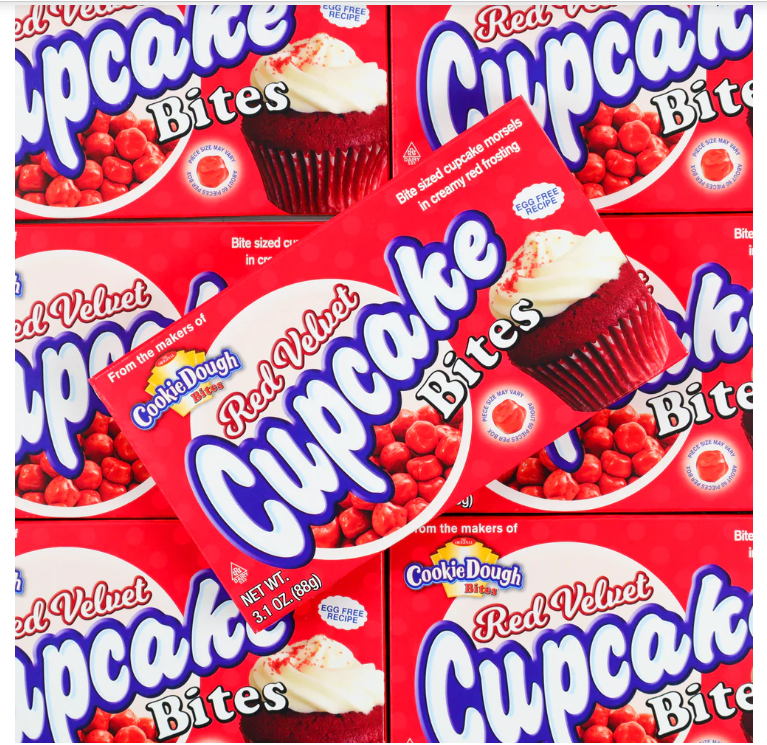 Multiple boxes of Red Velvet Cupcake Bites with visible branding.