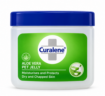 Curalene Aloe Vera Pet Jelly 225ml jar with a blue lid and green aloe vera label, designed to moisturise and protect dry and chapped skin, displayed on a clean white background.